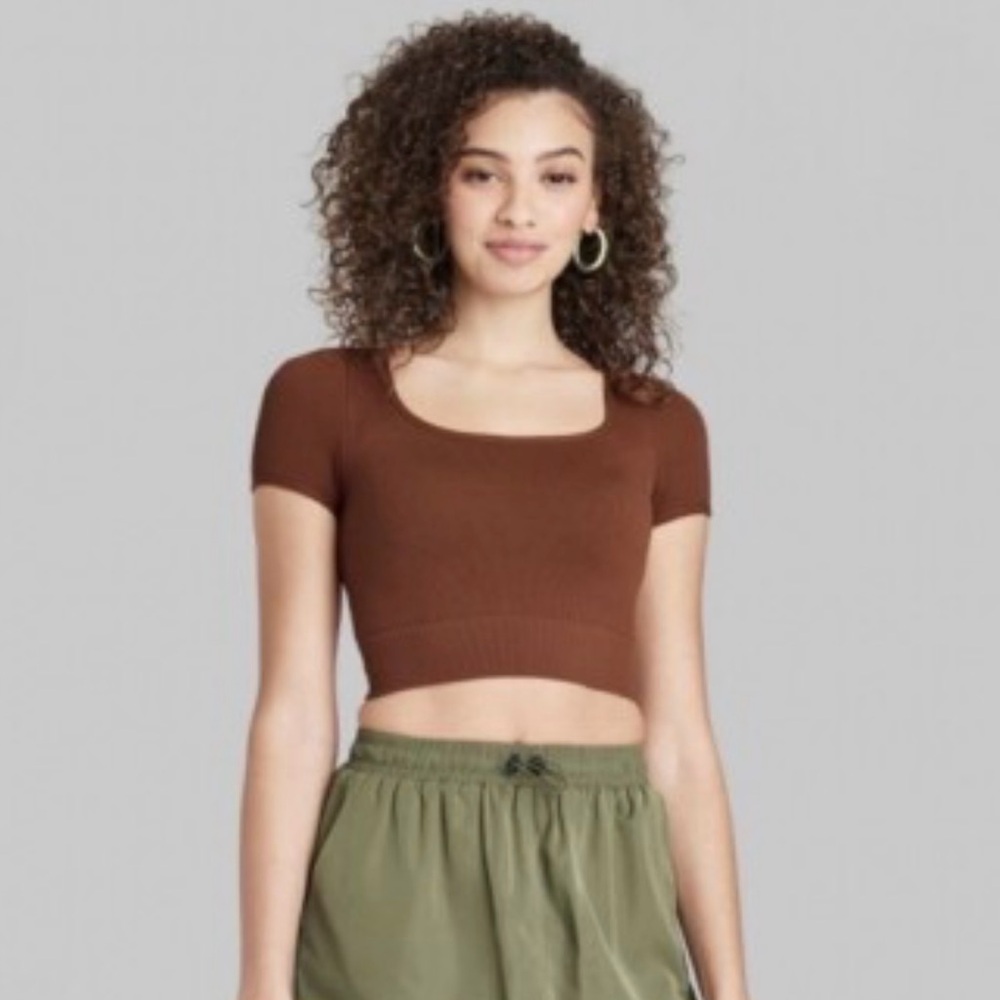 Wild Fable Seamless Ribbed Fitted Cropped Crop Top Brown XL